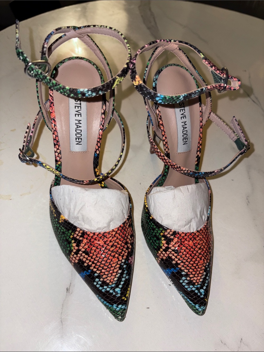 NEW WITHOUT BOX Steve Madden Multicolor Snake-Print Pointed Toe Strappy Heels
